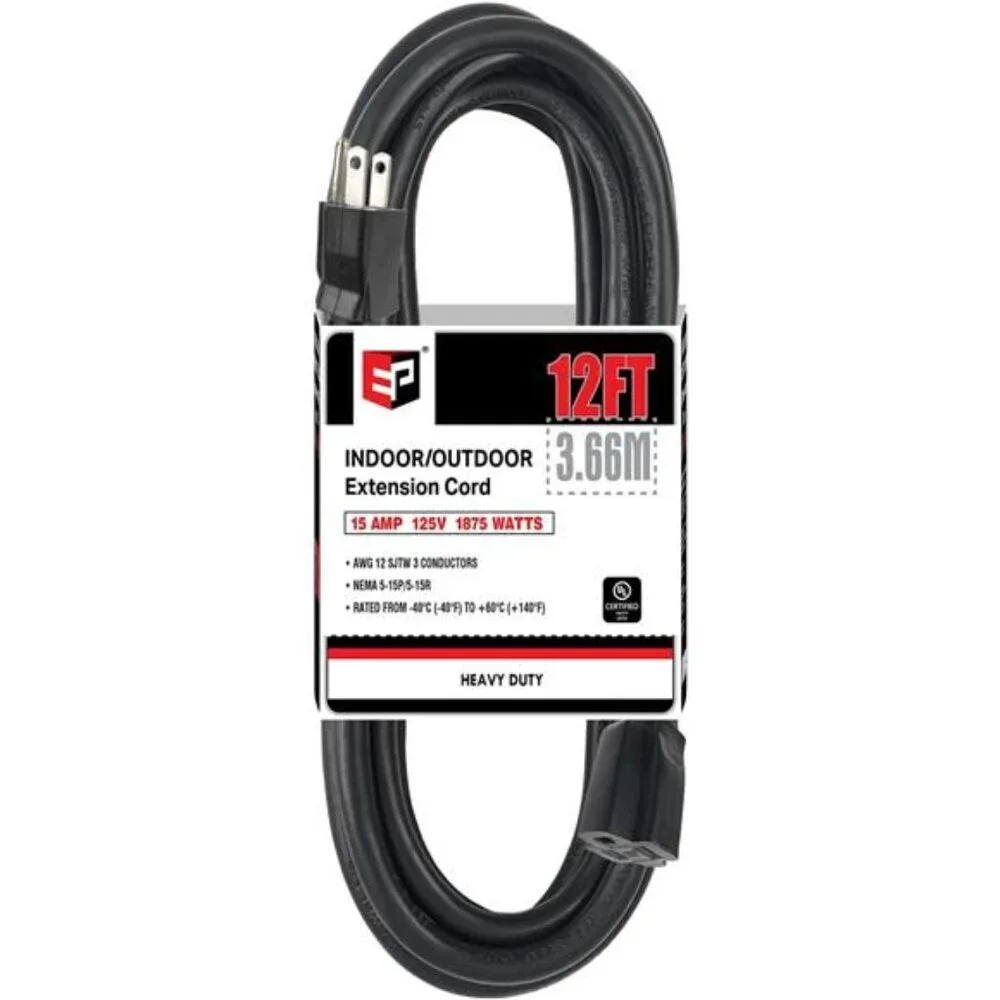 12 Ft Outdoor Extension Cord - 12/3 SJTW Heavy Duty Black Extension Cable